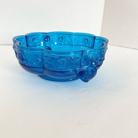 Jeanette Rose Dish Vintage Bowl Double Handle Cobalt Blue Excellent Condition - Picture 3 of 8